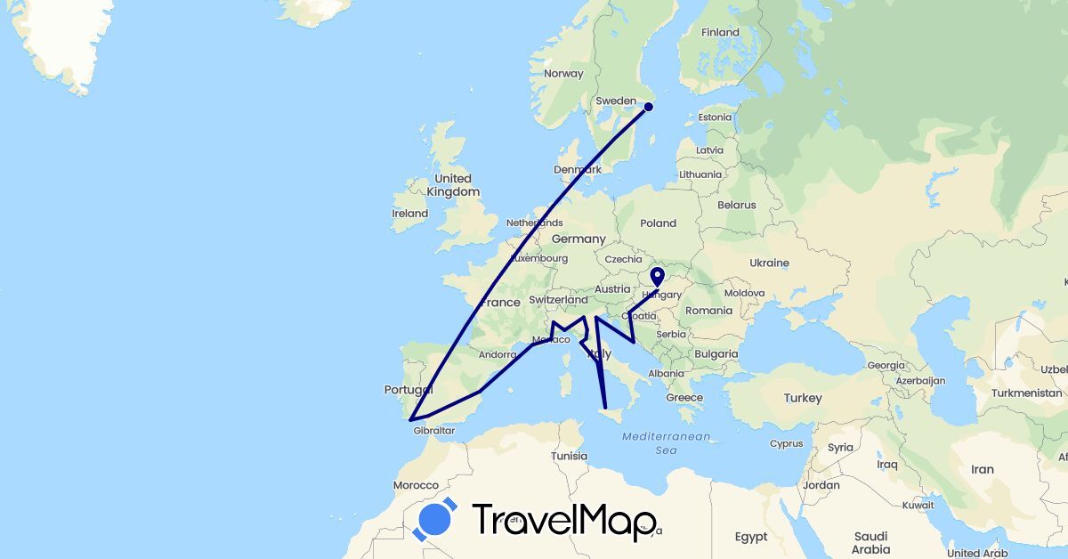 TravelMap itinerary: driving in Spain, France, Croatia, Hungary, Italy, Monaco, Portugal, Sweden (Europe)
